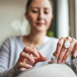 Woman handles her hearing aid